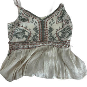 VINTAGE Boho Green Brown Medium Tank Top Flowy Women's Cream and White Blouse